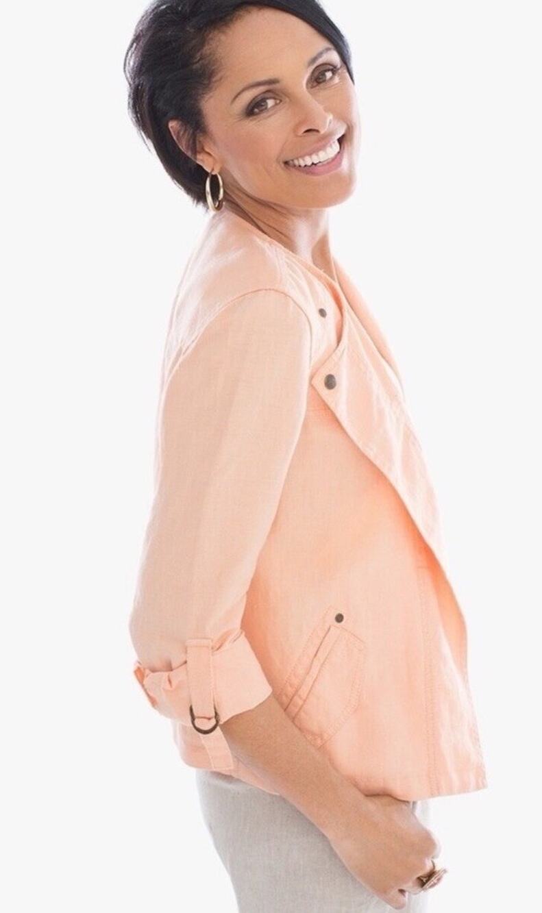 Chico's Jacket Peach Utility Size Large Linen Pockets Colorful